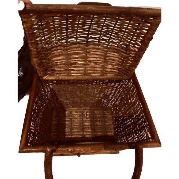 Antique Picnic Basket Woven Wood Wicker Market Handle Primitive Handmade Shoppin - Picture 3 of 6